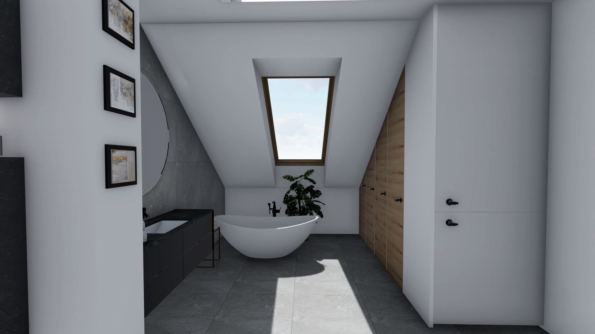 Wizualizacja łazienki na poddaszu z owalną wanną wolnostojącą, czarną szafką umywalkową, okrągłym lustrem, drewnianą szafą w zabudowie i oknem dachowym.