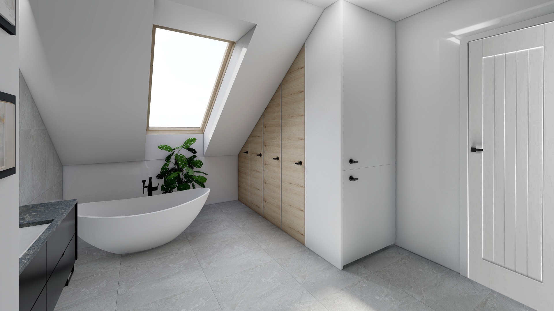 Nowoczesna łazienka na poddaszu z wolnostojącą wanną, drewnianą zabudową szaf pod skosem i oknem dachowym.