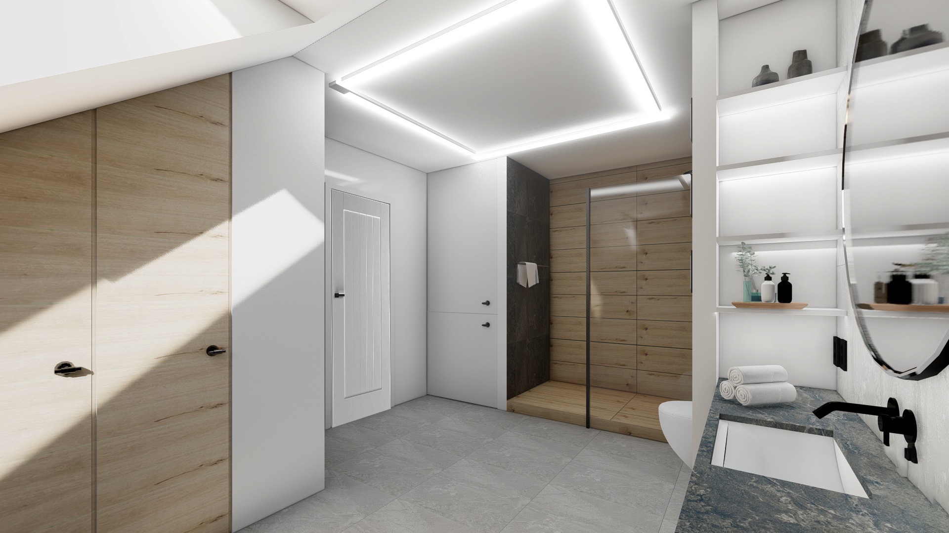 Nowoczesna łazienka z drewnianymi akcentami, kabiną prysznicową typu walk-in z drewnianą okładziną, umywalką z blatem w odcieniach szarości i białymi półkami z dekoracjami.