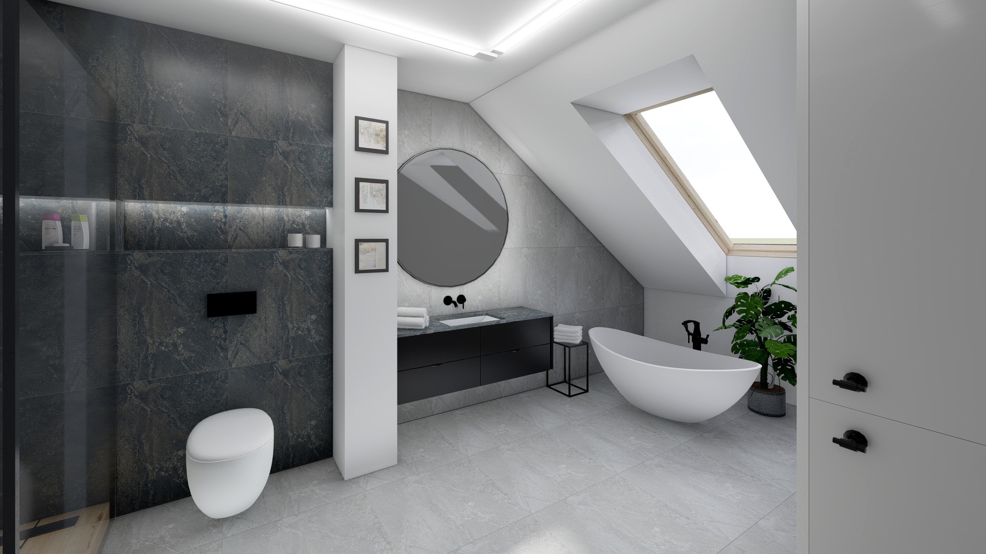 Nowoczesna łazienka na poddaszu z ciemnymi płytkami imitującymi kamień na ścianie, owalną wanną wolnostojącą, czarną szafką pod umywalką i okrągłym lustrem. Na ścianie wiszą trzy małe obrazki...