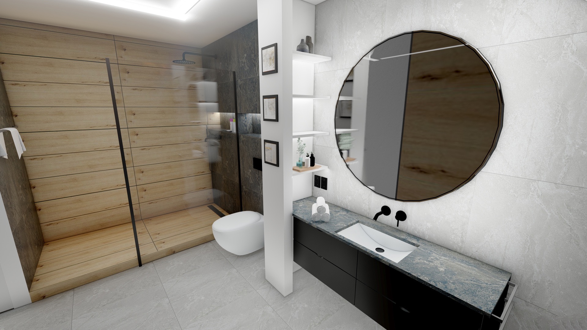 Wizualizacja nowoczesnej łazienki z kabiną prysznicową typu walk-in wyłożoną panelami imitującymi drewno, okrągłym lustrem i umywalką nablatową na ciemnej szafce z marmurowym blatem oraz toaletą...