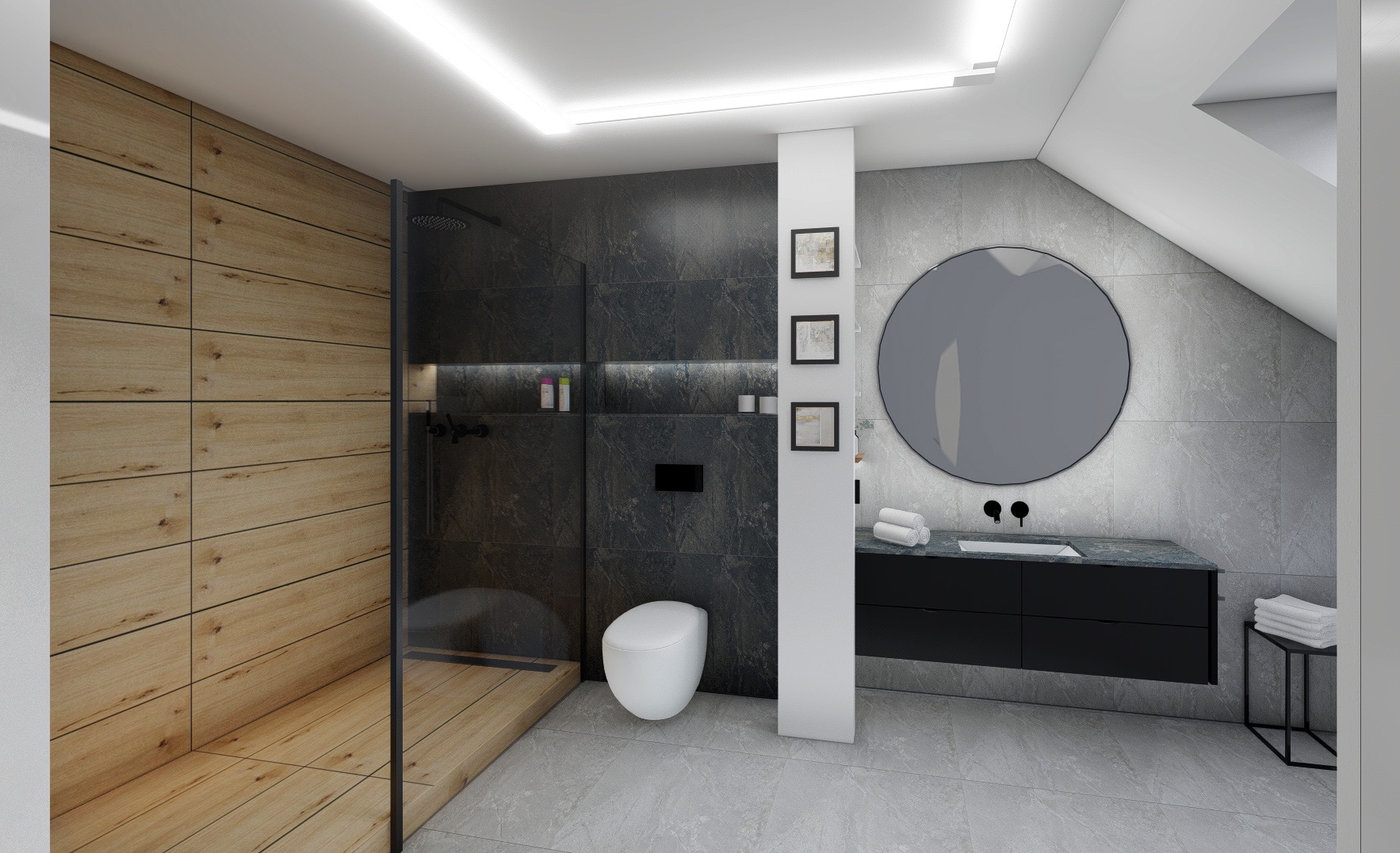 Nowoczesna łazienka z drewnianą kabiną prysznicową typu walk-in, czarnymi płytkami, okrągłym lustrem i wiszącą szafką z umywalką, oświetleniem LED oraz toaletą podtynkową.