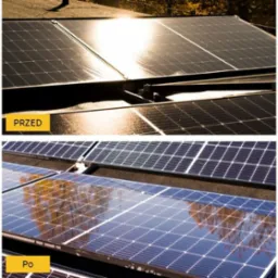 Porównanie paneli słonecznych na dachu przed i po czyszczeniu, widoczne różnice w połysku i odbiciu nieba.