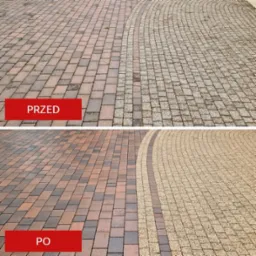 Porównanie kostki brukowej przed i po czyszczeniu, ukazujące różnicę w kolorze i usunięcie zabrudzeń, z widocznymi napisami 'PRZED' i 'PO'.