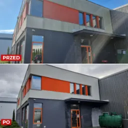 Budynek biurowy przed i po odświeżeniu elewacji: czyszczenie i malowanie na szaro z pomarańczowymi akcentami. Widoczna duża różnica w czystości i kolorystyce ścian.
