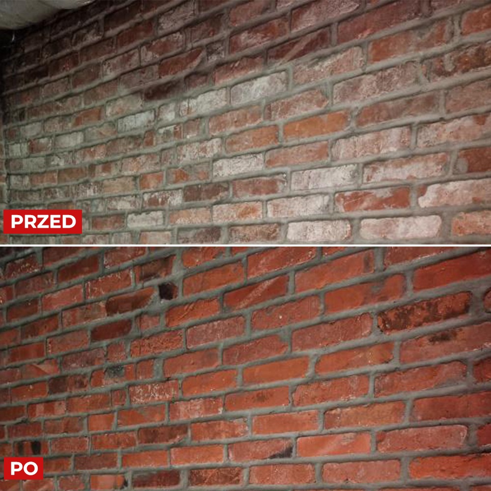 Porównanie ściany z cegły przed i po czyszczeniu, widoczne różnice w kolorze i usunięcie zabrudzeń.