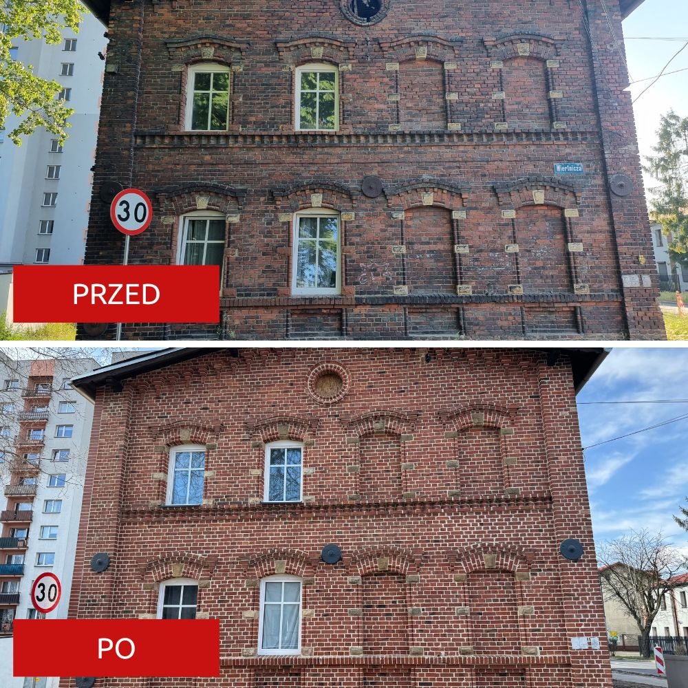 Porównanie elewacji budynku z czerwonej cegły przed i po renowacji, widoczne czyszczenie i odnowienie cegieł oraz okien.