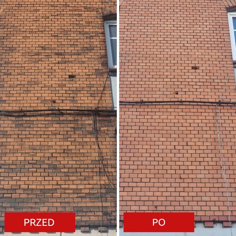 Porównanie: fragment ceglanej elewacji budynku przed i po czyszczeniu, widoczne różnice w kolorze i usunięcie zabrudzeń.
