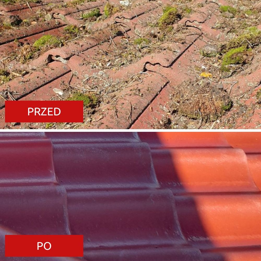 Porównanie: zabrudzona, porośnięta mchem dachówka ceramiczna (PRZED) i czysta, pomalowana dachówka w odcieniach czerwieni (PO).