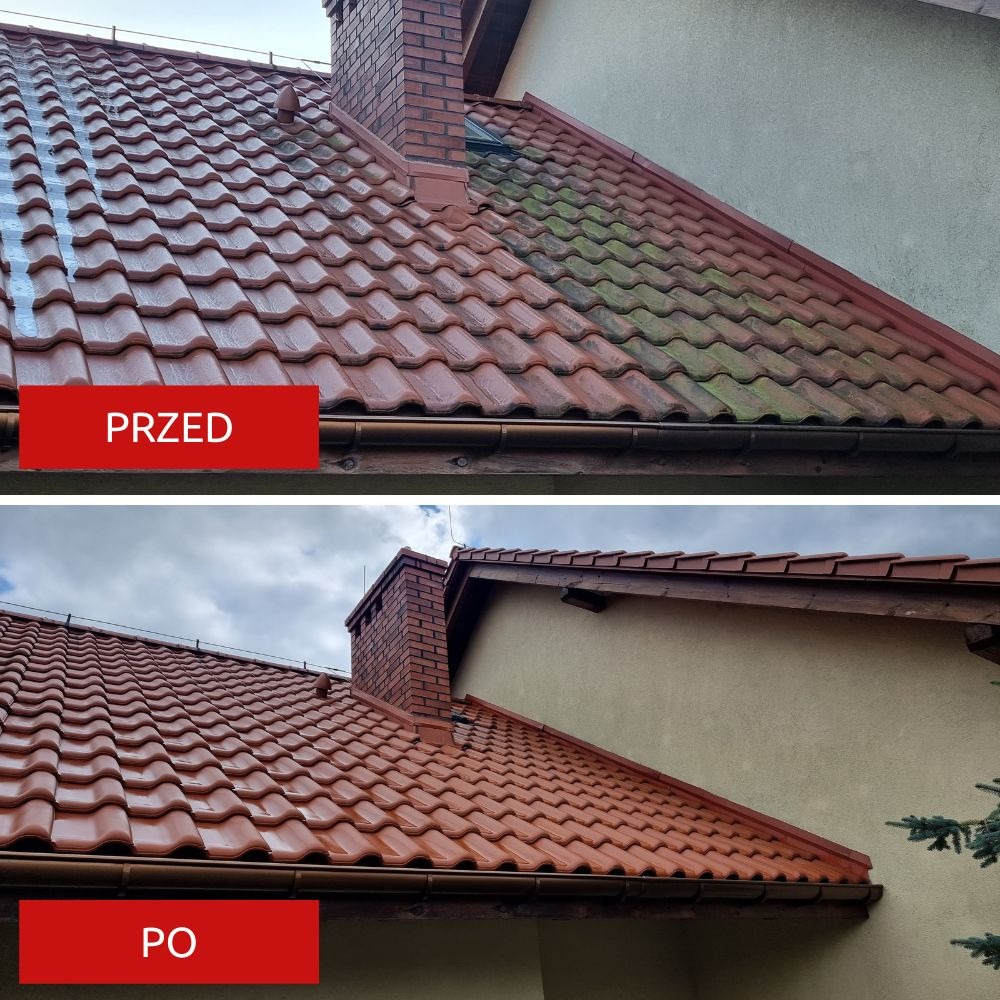 Porównanie dachu krytego czerwoną dachówką przed i po czyszczeniu, widoczne usunięcie mchu i zabrudzeń z powierzchni dachówek.