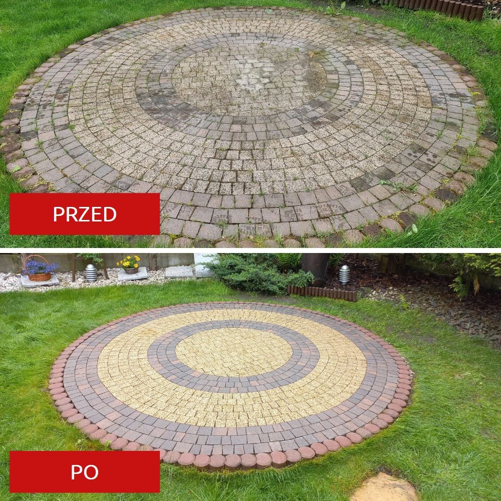 Porównanie stanu kostki brukowej w ogrodzie przed i po czyszczeniu, układ w formie okręgu, widoczne różnice w kolorze i czystości.