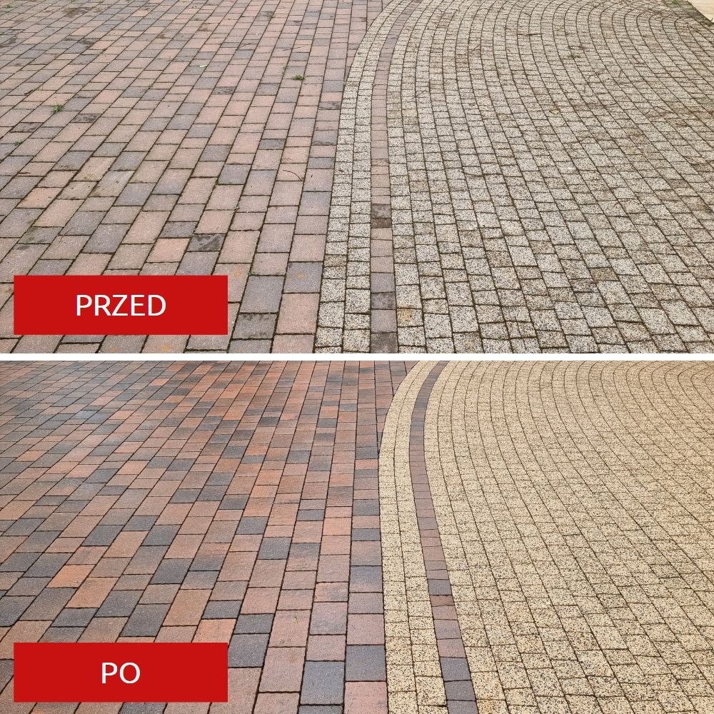 Porównanie kostki brukowej przed i po czyszczeniu, ukazujące różnicę w kolorze i usunięcie zabrudzeń, z widocznymi napisami 'PRZED' i 'PO'.