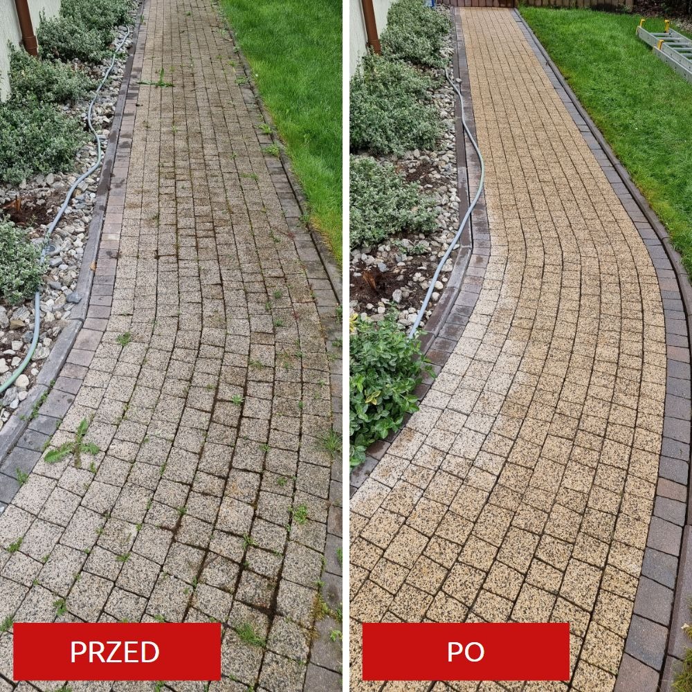 Porównanie stanu chodnika z kostki brukowej przed i po czyszczeniu, widoczne usunięcie mchu i zabrudzeń, z lewej strony zaniedbana powierzchnia, z prawej - świeżo umyta.
