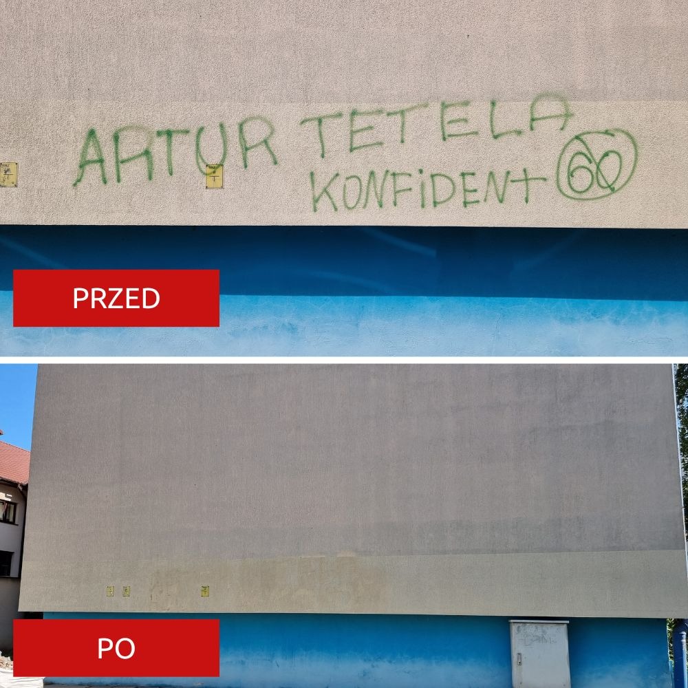 Elewacja budynku przed i po usunięciu graffiti, widoczne napisy 'Artur Tetela Konfident 60' przed czyszczeniem.