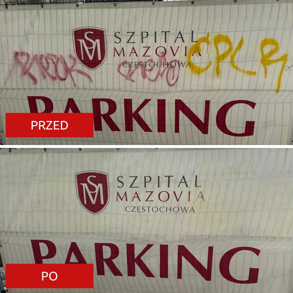 Baner szpitala z napisem 'PARKING' - widok przed i po usunięciu graffiti, prezentujący efekt czyszczenia.