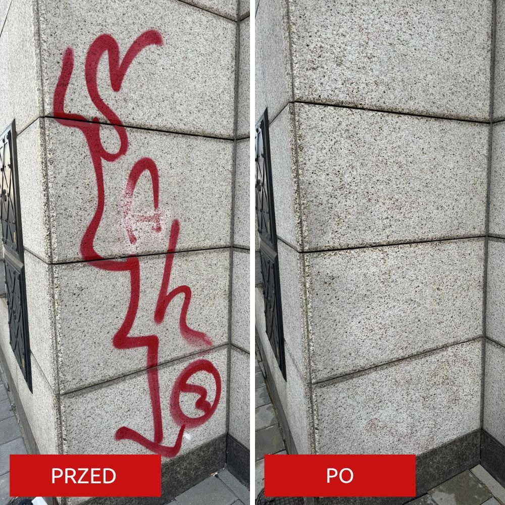Porównanie elewacji budynku przed i po usunięciu czerwonego graffiti. Widoczne ślady po graffiti zniknęły.