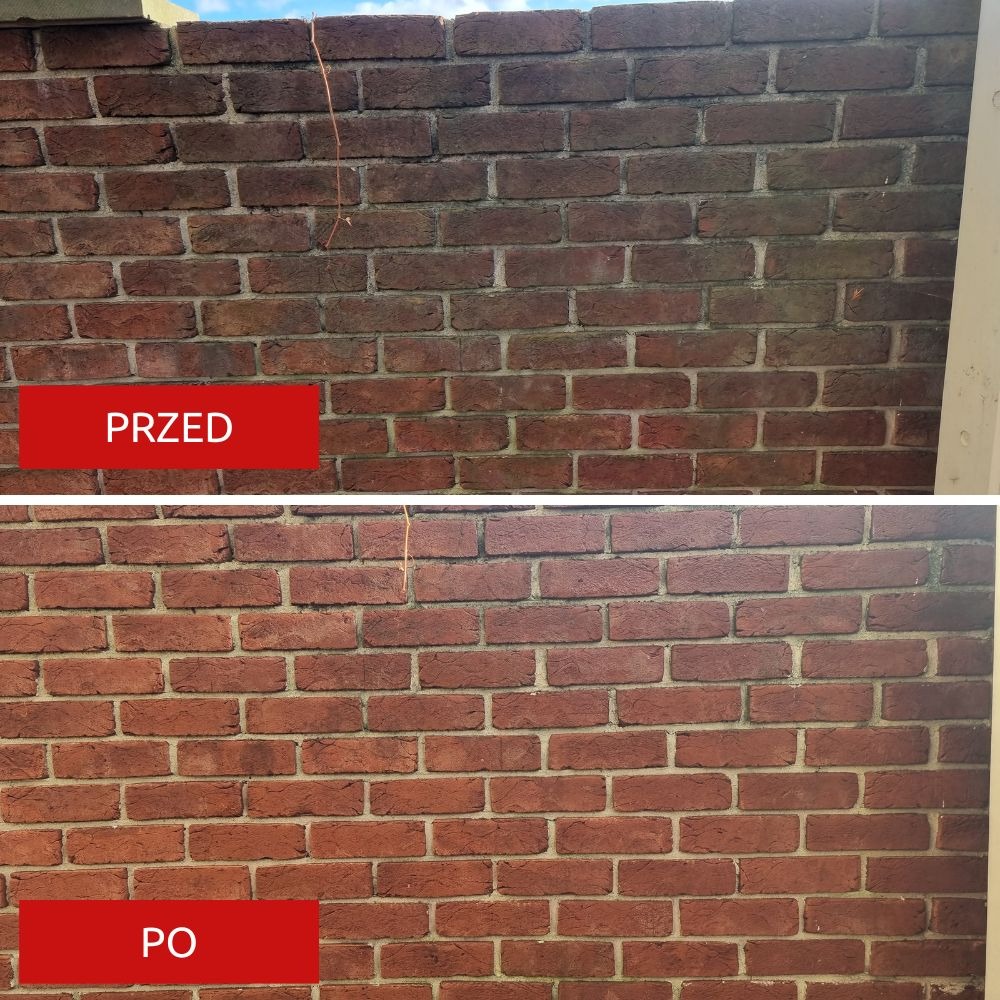 Ceglana ściana zewnętrzna w ujęciu przed i po czyszczeniu, widoczne różnice w odcieniu i usunięciu zabrudzeń.