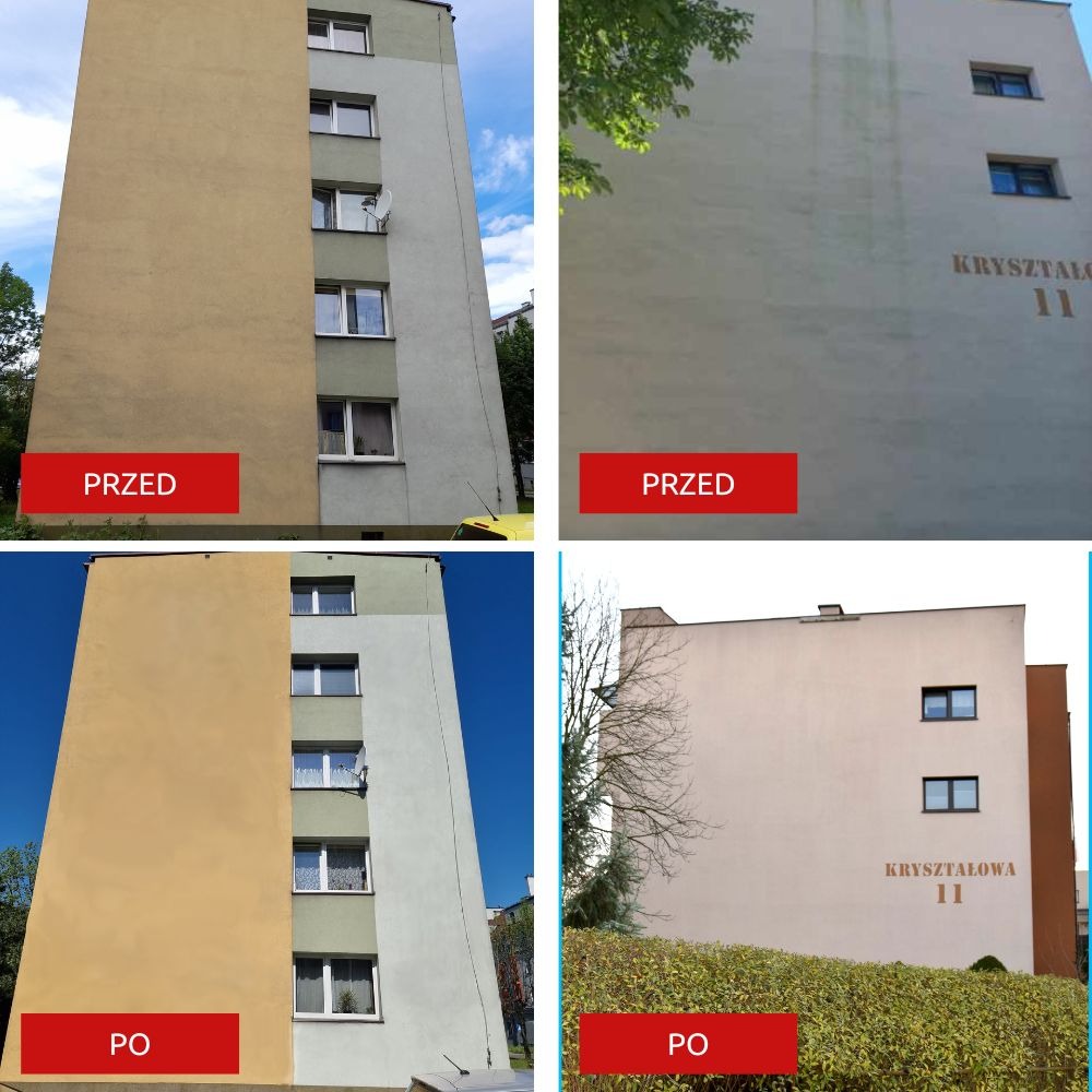 Porównanie elewacji budynku wielorodzinnego przed i po odświeżeniu koloru, z widocznym efektem zmiany barwy na dwóch różnych fragmentach ściany.