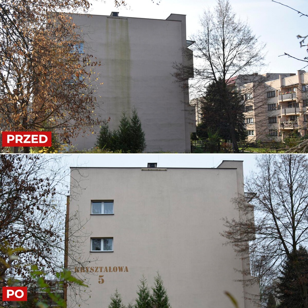 Porównanie elewacji budynku przed i po czyszczeniu; widoczne zacieki i zabrudzenia usunięte, adres 'Kryształowa 5' widoczny po czyszczeniu.