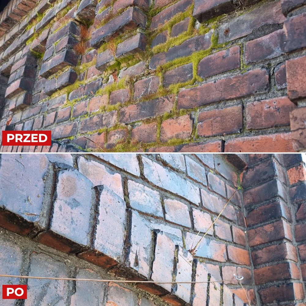 Ceglana elewacja: górna część z mchem i zabrudzeniami oznaczona jako 'PRZED', dolna część po czyszczeniu, jaśniejsza i bez mchu, oznaczona jako 'PO'.
