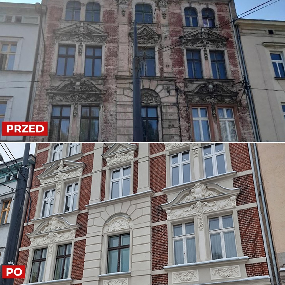 Porównanie elewacji kamienicy przed i po renowacji, ukazujące odnowioną cegłę, jasne obramowania okien i detale architektoniczne.