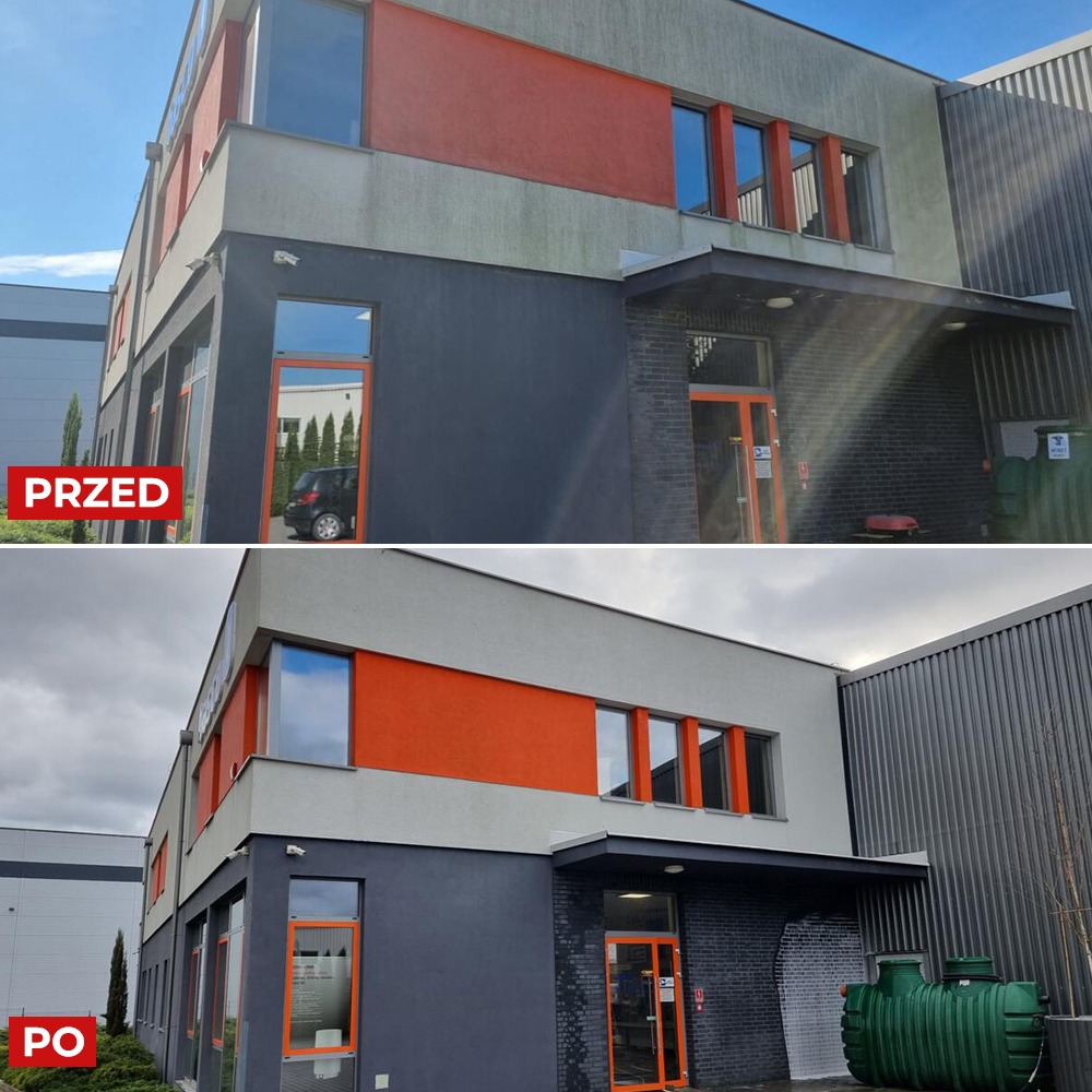 Budynek biurowy przed i po odświeżeniu elewacji: czyszczenie i malowanie na szaro z pomarańczowymi akcentami. Widoczna duża różnica w czystości i kolorystyce ścian.