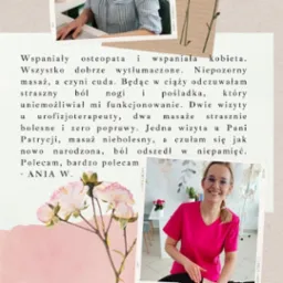 Zdjęcie kolażowe z opinią klientki o specjalistce w różowej bluzce, uśmiechniętej, w okularach, siedzącej w gabinecie z modelem szkieletu w tle oraz fragmentem opinii pisemnej i kwiatami w rogu.