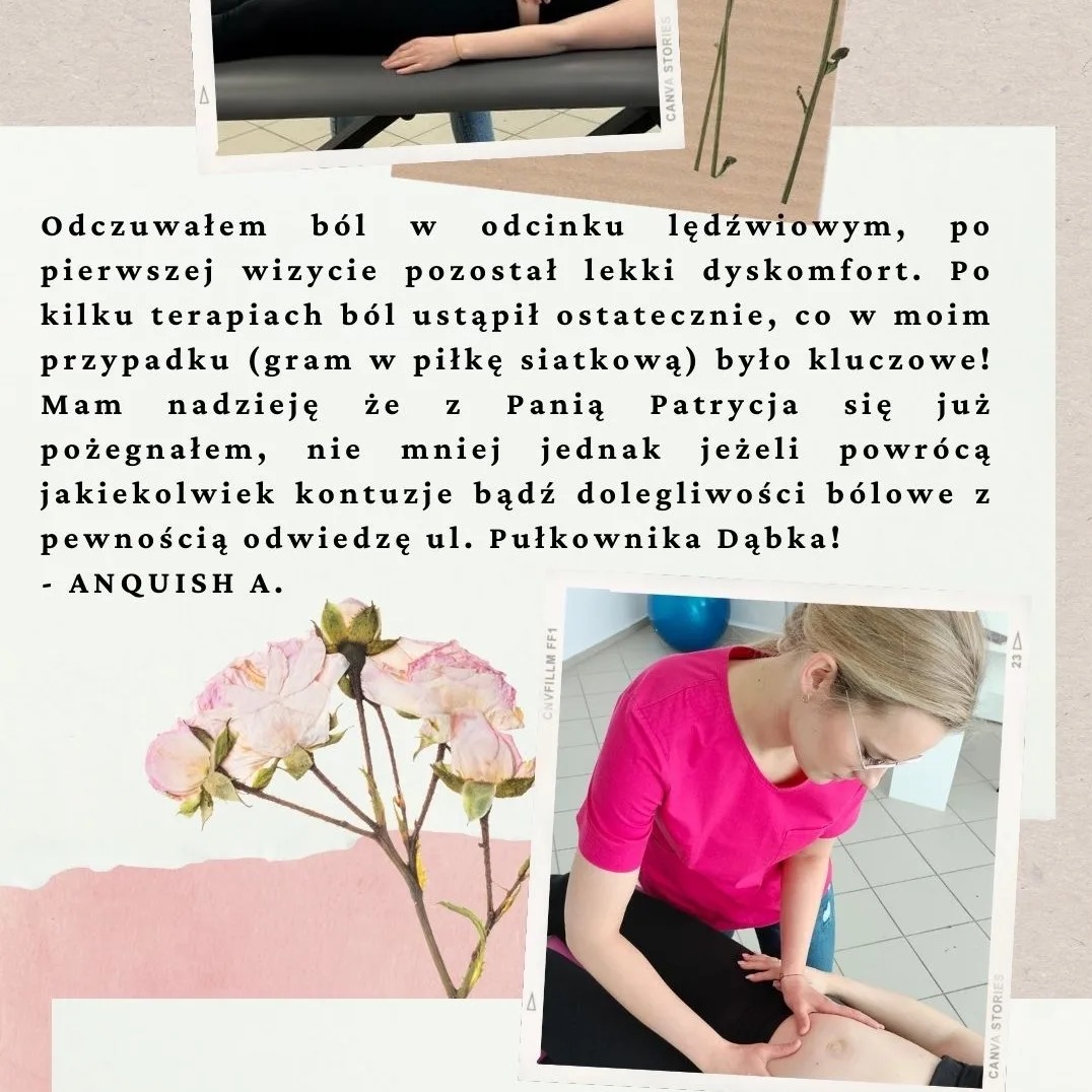 Fizjoterapeutka w różowej koszulce wykonuje masaż kolana pacjentowi na leżance, w tle widoczny balon do ćwiczeń. Kolażowy układ zdjęcia z elementami graficznymi i tekstem.