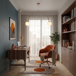 Łucja Orkisz Prim Area Studio - Nowoczesny gabinet z drewnianym biurkiem, krzesłem w kolorze rdzy i regałem. Lampa sufitowa z kulistymi kloszami. Dywan w geometryczne wzory. Stonowana kolorystyka.