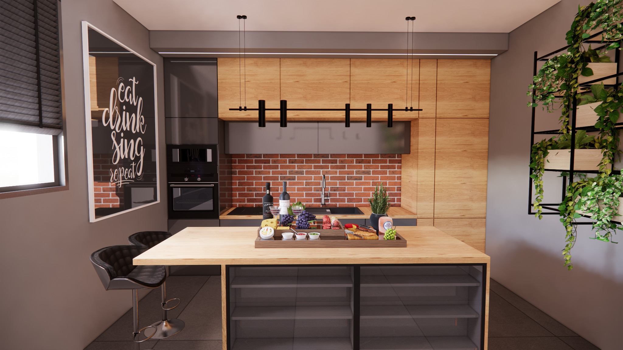 Nowoczesna kuchnia z drewnianymi frontami, ceglaną ścianą i wyspą z przekąskami, wiszące oświetlenie liniowe i pionowa ekspozycja roślin doniczkowych.