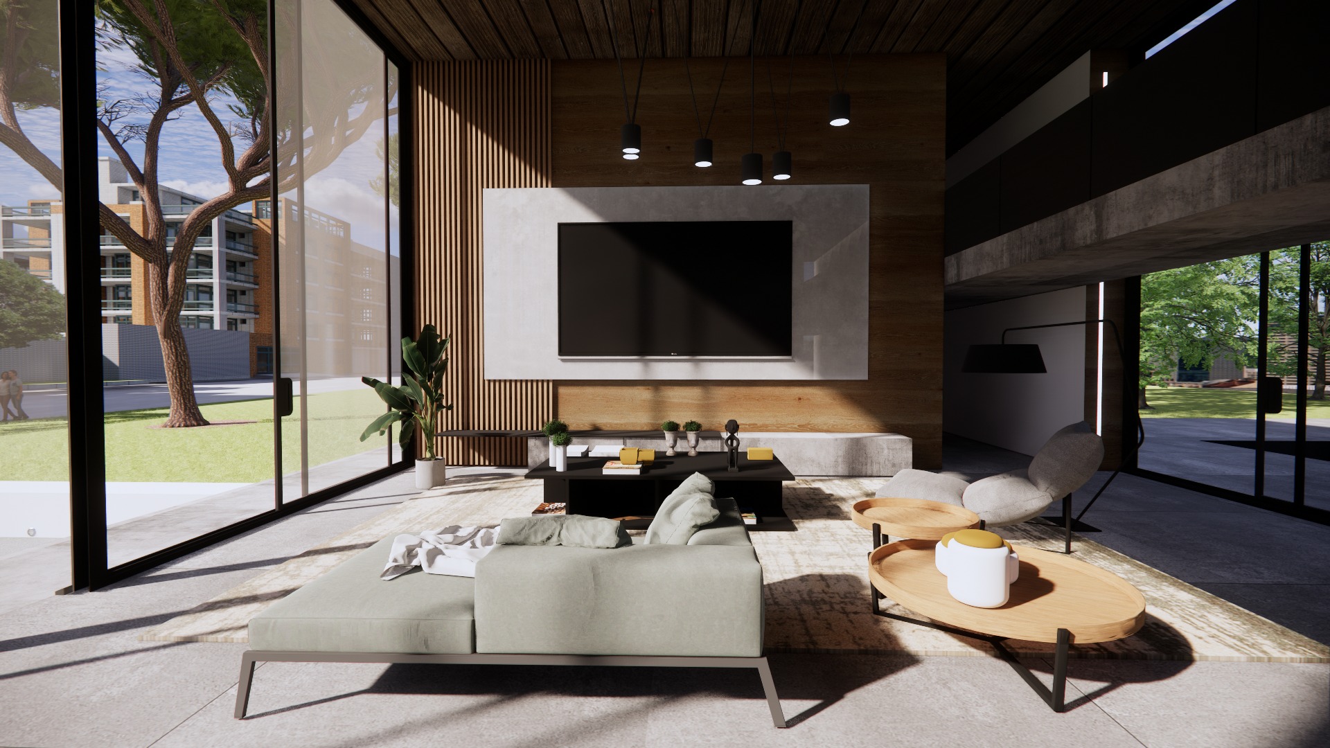 Nowoczesny salon z drewnianą ścianą, dużym telewizorem, szarą sofą i stolikami kawowymi, widok na zewnątrz przez panoramiczne okna.