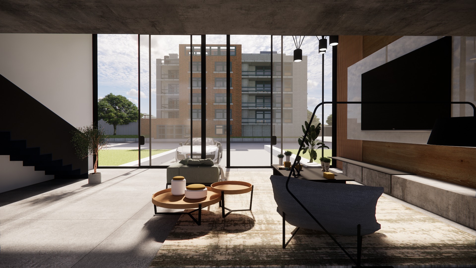 Wizualizacja przestronnego salonu z betonowym sufitem, dużym oknem z widokiem na budynek mieszkalny i ogród, nowoczesnymi meblami i czarnymi schodami.