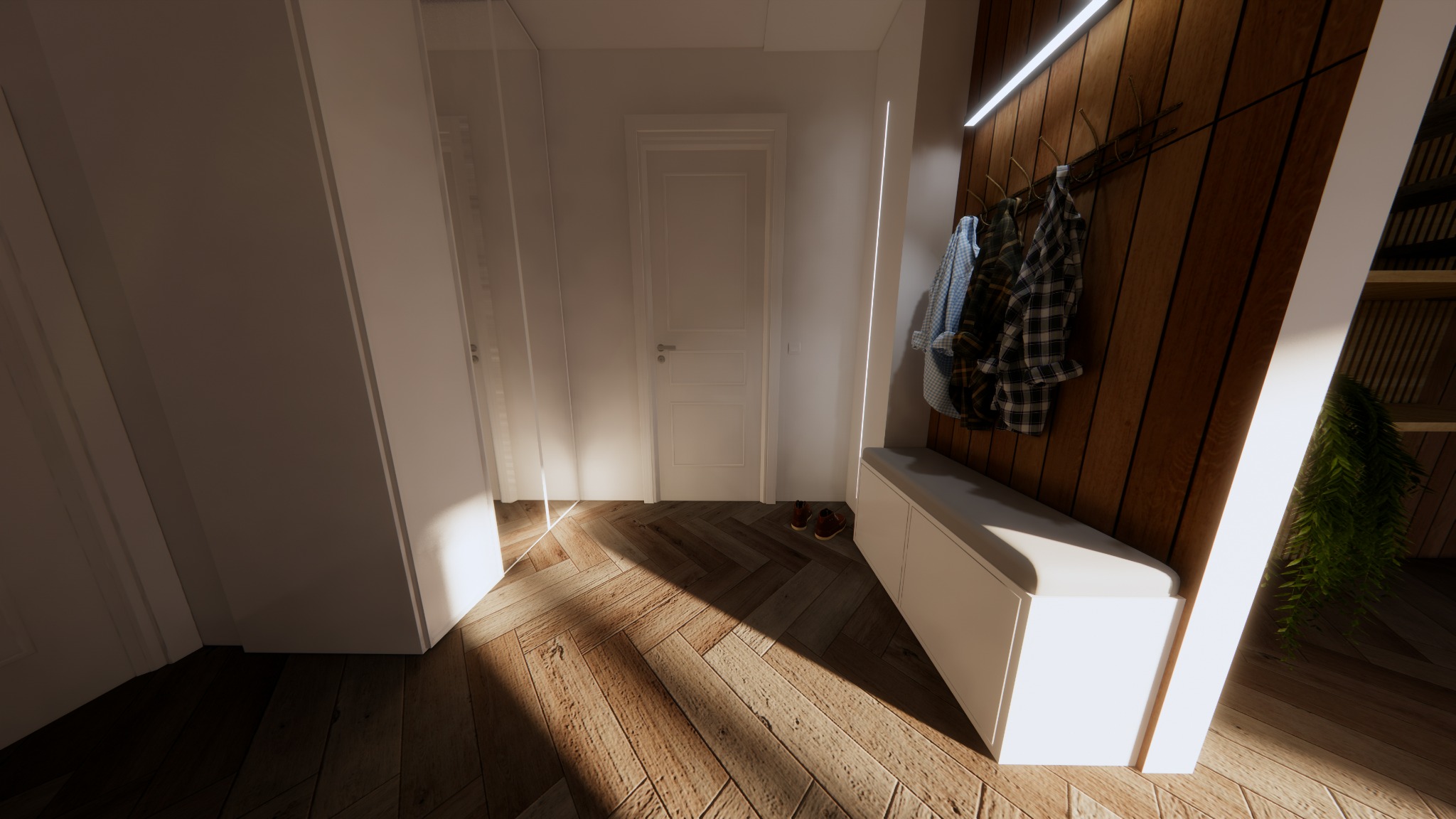 Nowoczesny przedpokój z drewnianą podłogą w jodełkę, białą szafą wnękową, drewnianym panelem ściennym z wieszakami na ubrania i siedziskiem z szafką, oświetleniem LED i parą brązowych butów...