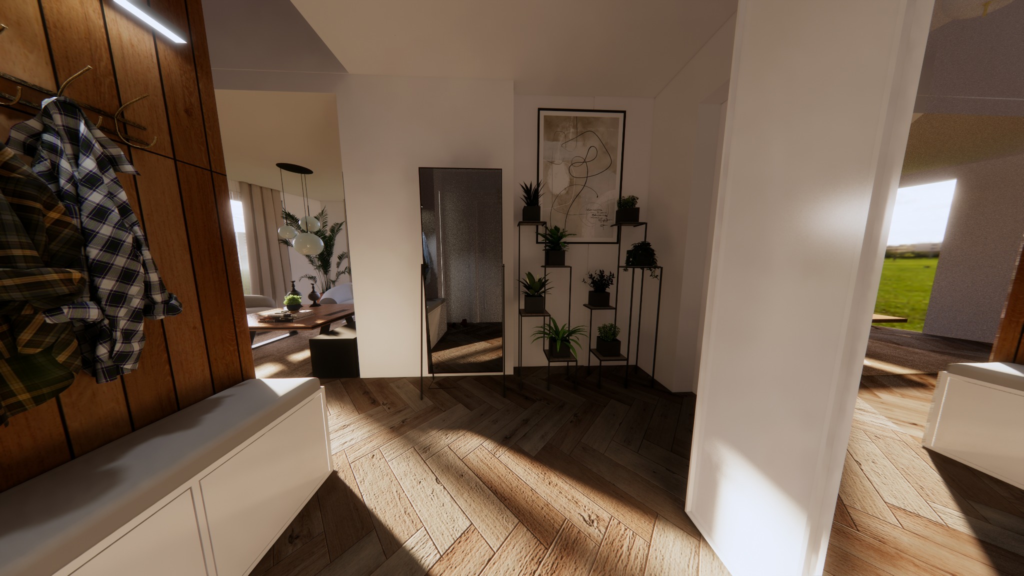 Wnętrze domu z drewnianą podłogą w jodełkę, wieszakiem z ubraniami przy drewnianej ścianie, lustrem i metalowym regałem z roślinami w doniczkach, widok na salon i ogród.