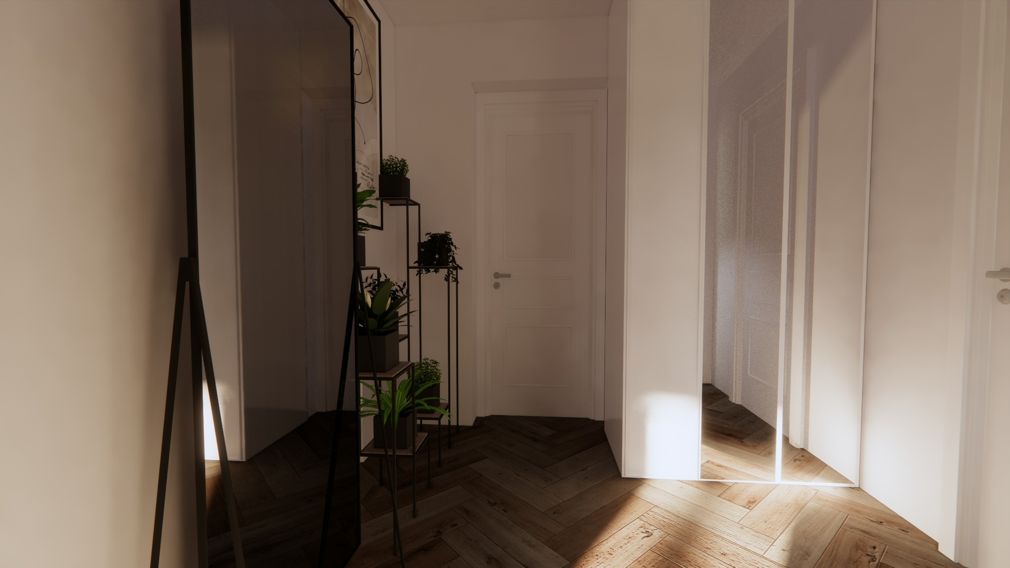 Jasne wnętrze korytarza z drewnianą podłogą w jodełkę, minimalistyczną metalową półką na rośliny doniczkowe i dużym lustrem w czarnej ramie.