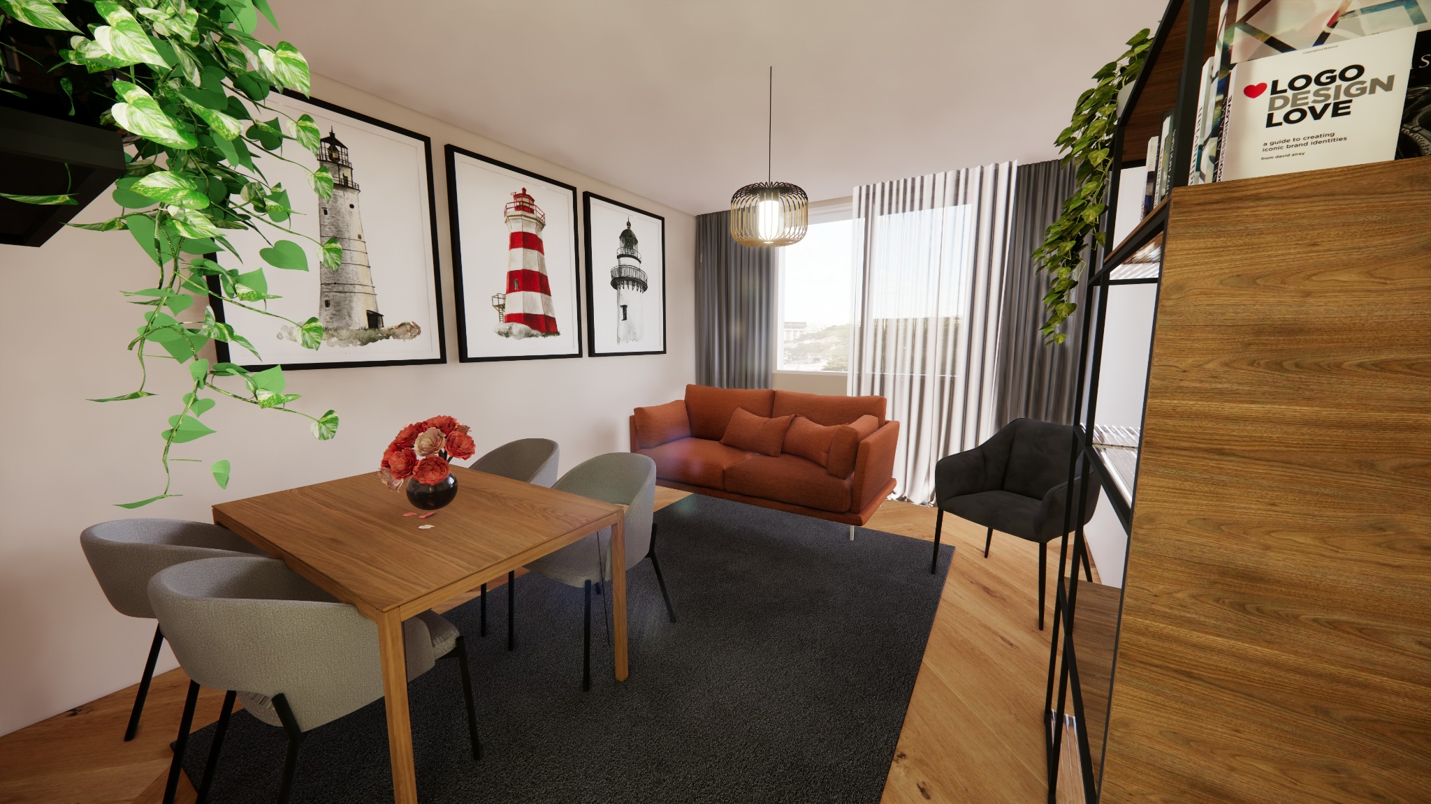 Jasne wnętrze pokoju dziennego z drewnianym stołem, szarymi krzesłami, pomarańczową sofą i dekoracjami marynistycznymi w postaci obrazów z latarniami morskimi.