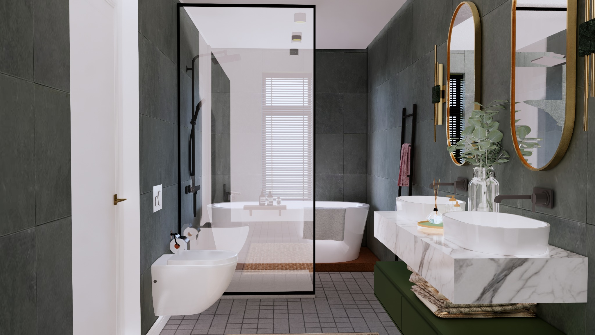 Nowoczesna łazienka z szarymi płytkami, kabiną prysznicową typu walk-in, wolnostojącą wanną, podwójną umywalką na marmurowym blacie i owalnymi lustrami w złotych ramach.