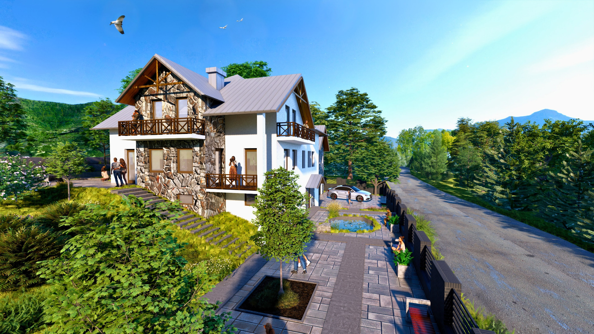 Wizualizacja dwukondygnacyjnego domu jednorodzinnego z elementami kamiennymi na elewacji, balkonami z drewnianą balustradą, otoczonego zielenią i z małym oczkiem wodnym na podjeździe