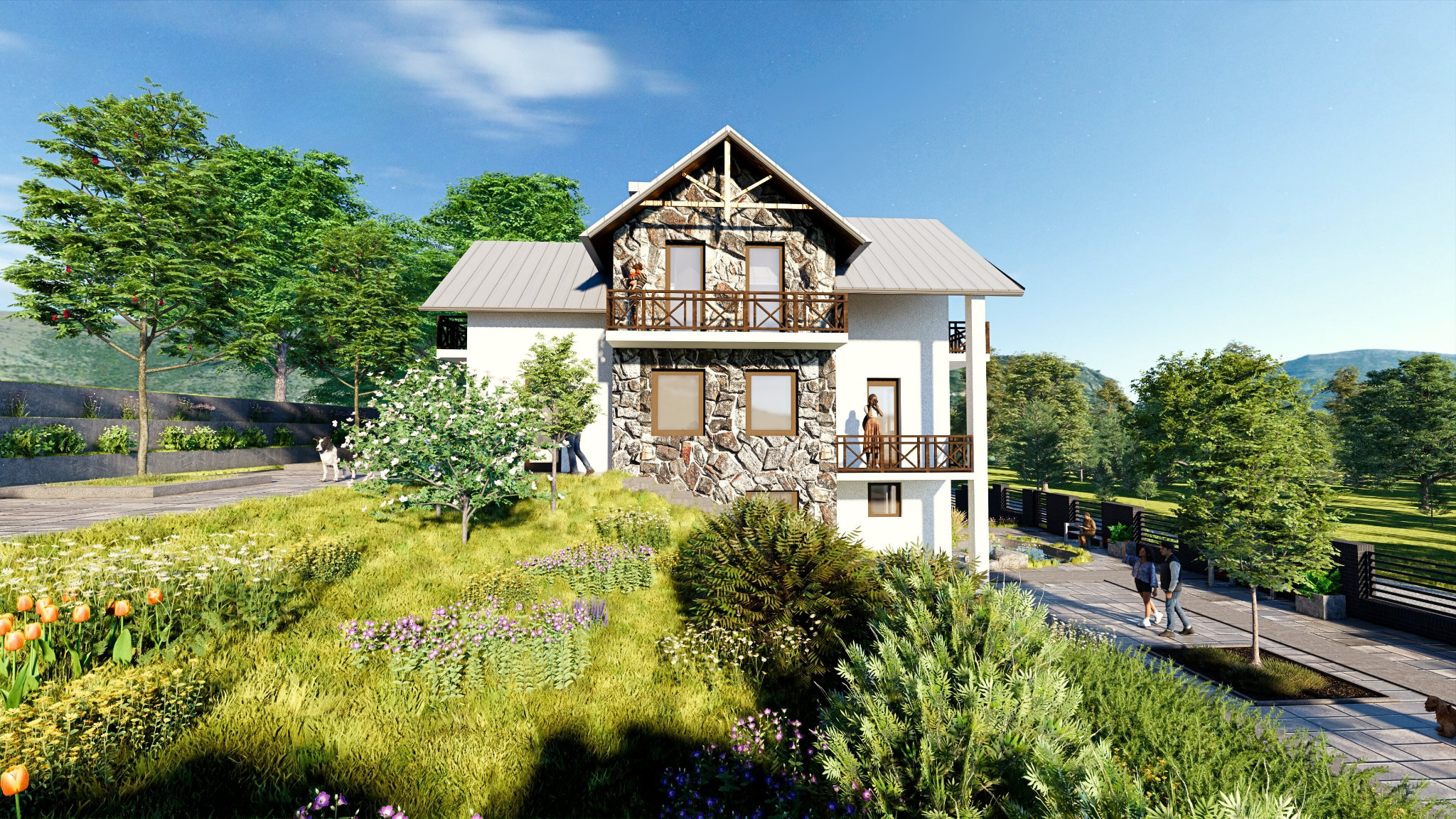 Wizualizacja dwupiętrowego domu z elementami kamienia na elewacji, drewnianymi balkonami i bujnym ogrodem z tulipanami i lawendą na pierwszym planie.