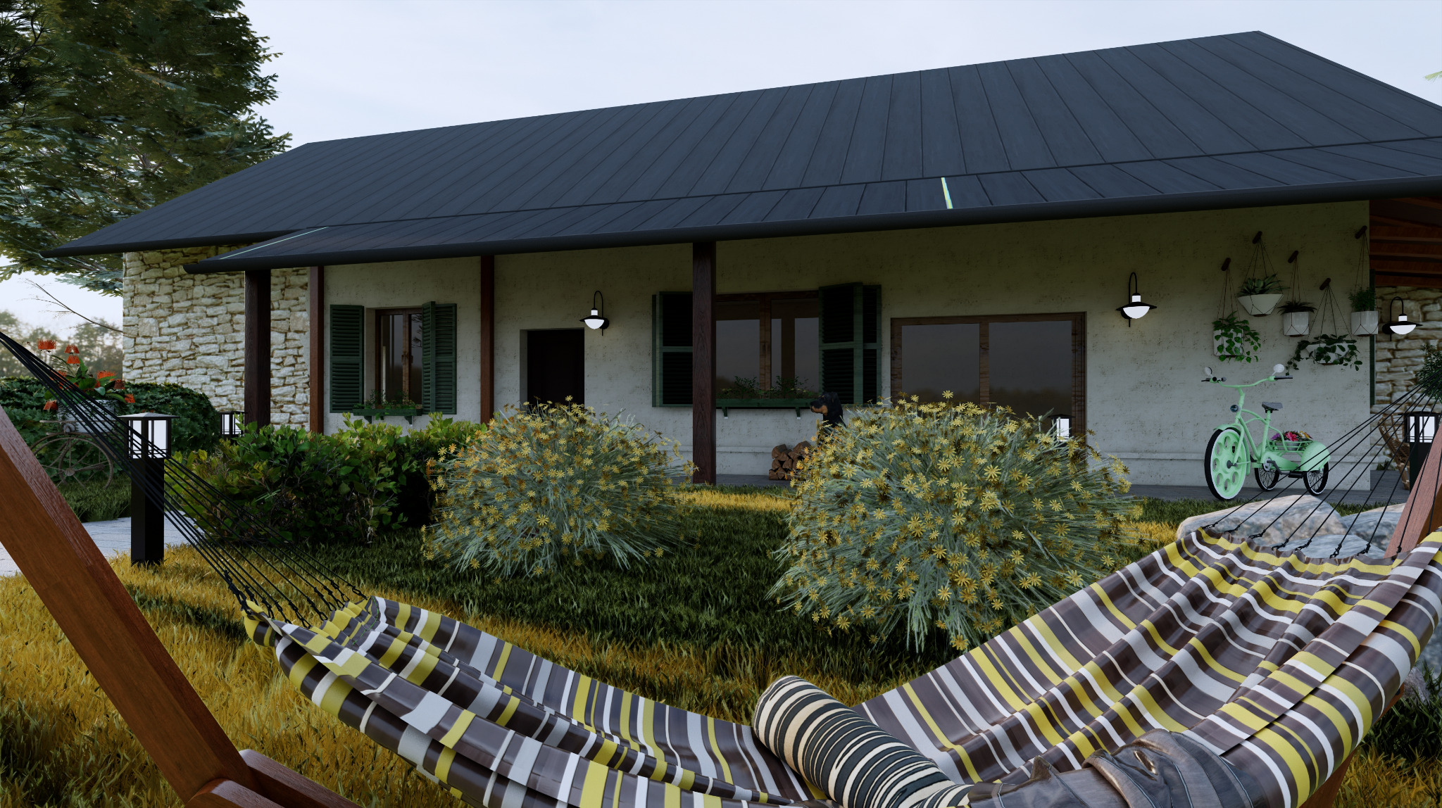 Wizualizacja domu z czarnym dachem, kamienną elewacją i gładkim tynkiem, z zielonymi okiennicami, hamakiem w paski na pierwszym planie i dekoracyjnym rowerem z koszem kwiatów.