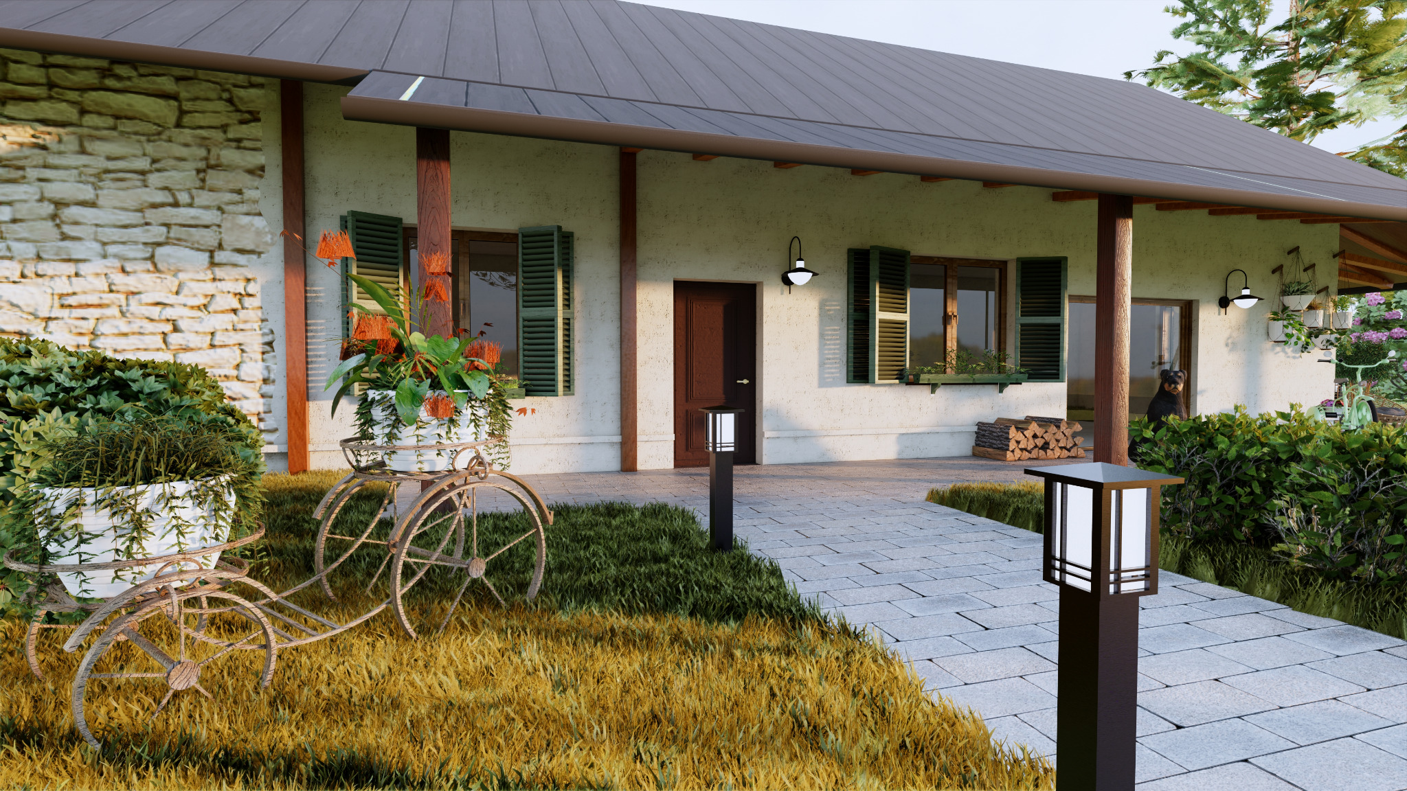 Projekt domu w stylu rustykalnym z kamienną elewacją, werandą, drewnianymi okiennicami i dekoracjami ogrodowymi, takimi jak kwietnik w formie roweru i nowoczesne lampy.