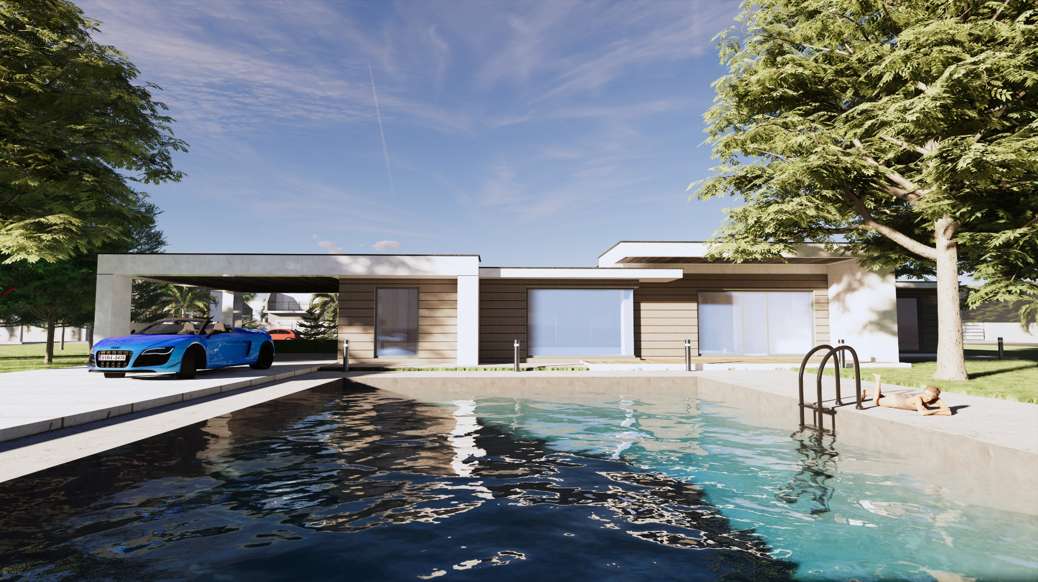 Wizualizacja nowoczesnego domu jednorodzinnego z płaskim dachem, basenem, leżanką i zaparkowanym sportowym kabrioletem w kolorze niebieskim.