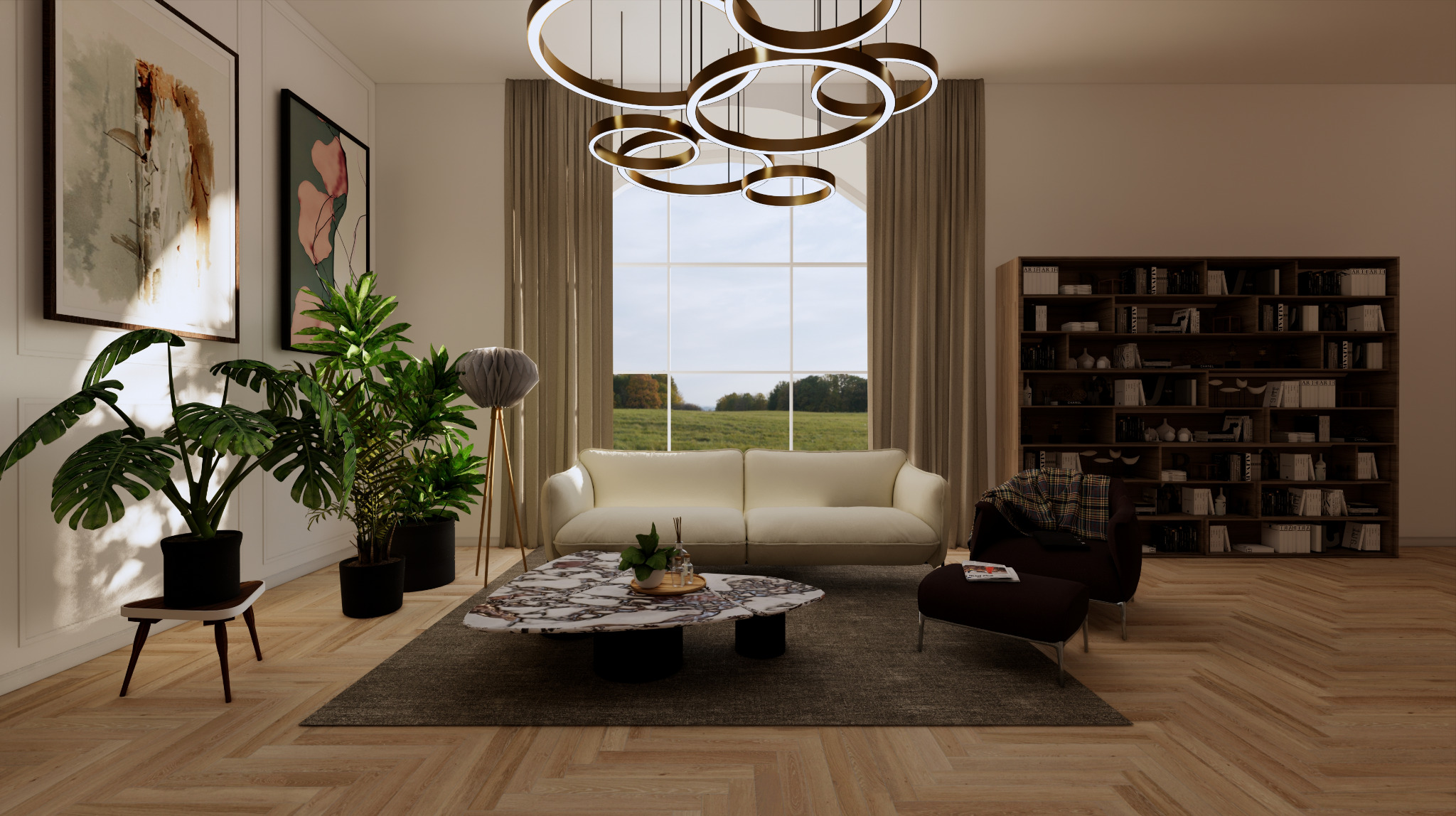 Salon w stylu nowoczesnym z parkietem w jodełkę, białą sofą, marmurowym stolikiem kawowym i roślinami doniczkowymi, oświetlony wiszącą lampą z okrągłych elementów.