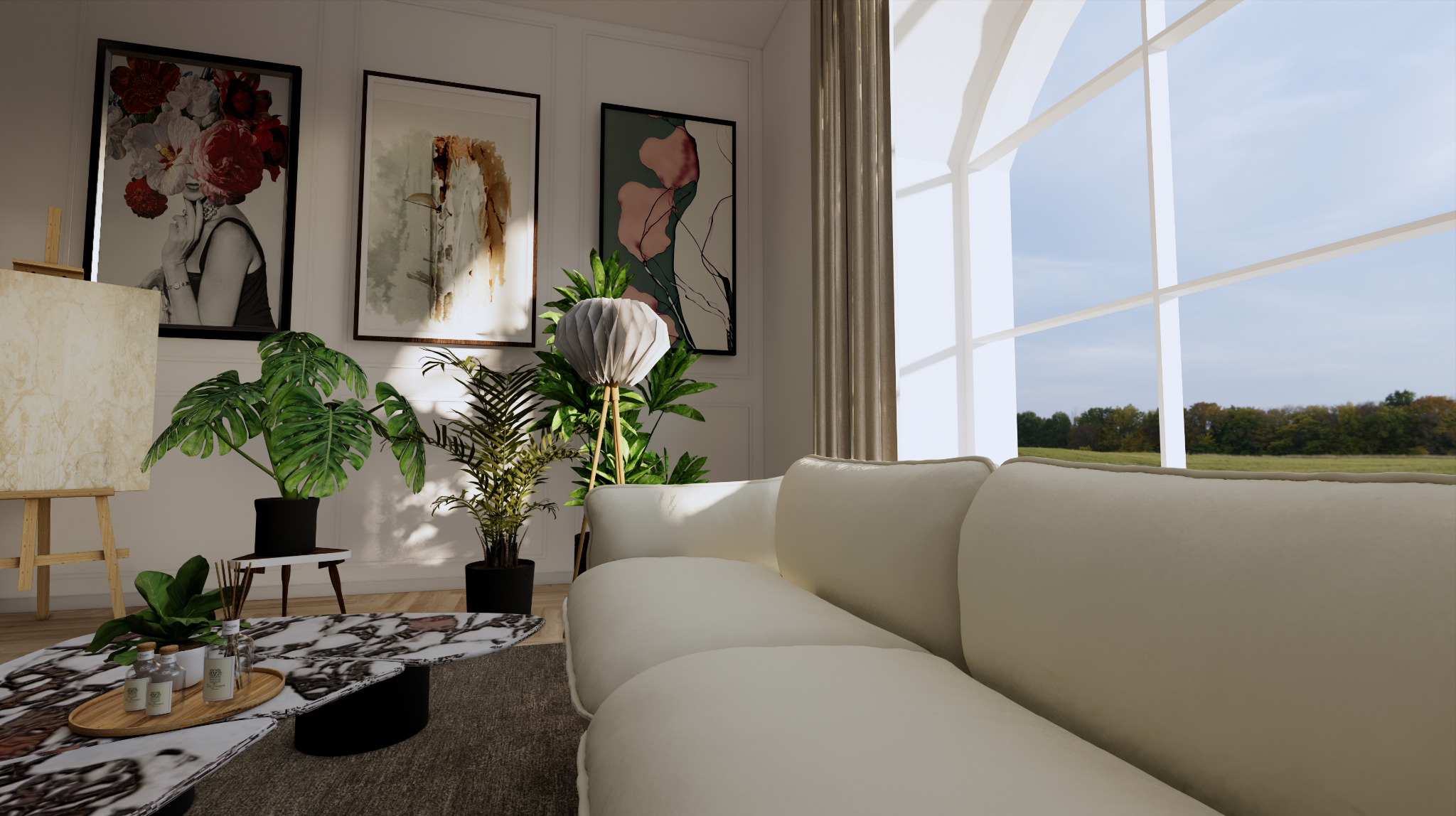 Jasny salon z białym narożnikiem, marmurowym stolikiem kawowym, roślinami doniczkowymi i obrazami na ścianie, widok na zewnątrz przez duże okno.