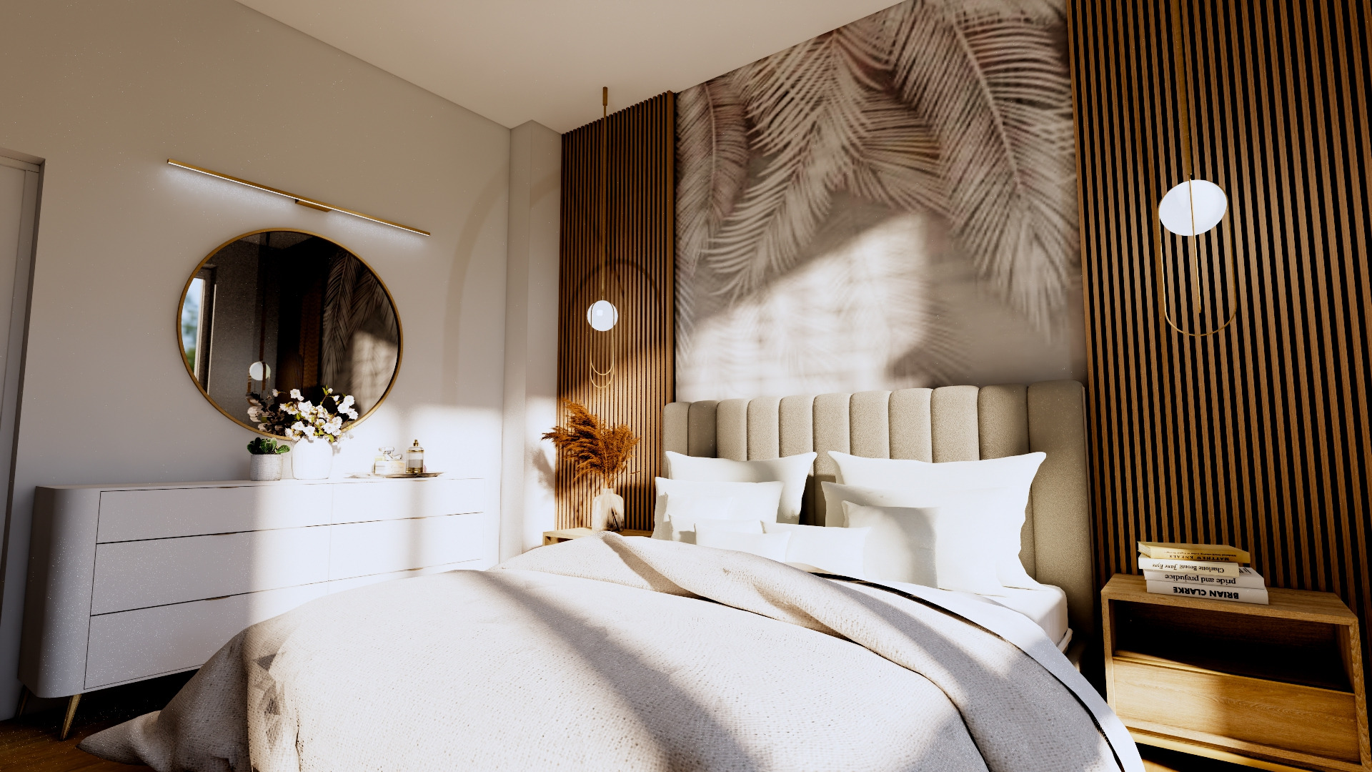 Jasna sypialnia z łóżkiem, komodą i okrągłym lustrem z oświetleniem LED, dekorowana drewnianymi panelami oraz tapetą z motywem liści palmowych, oświetlona nowoczesnymi lampami.
