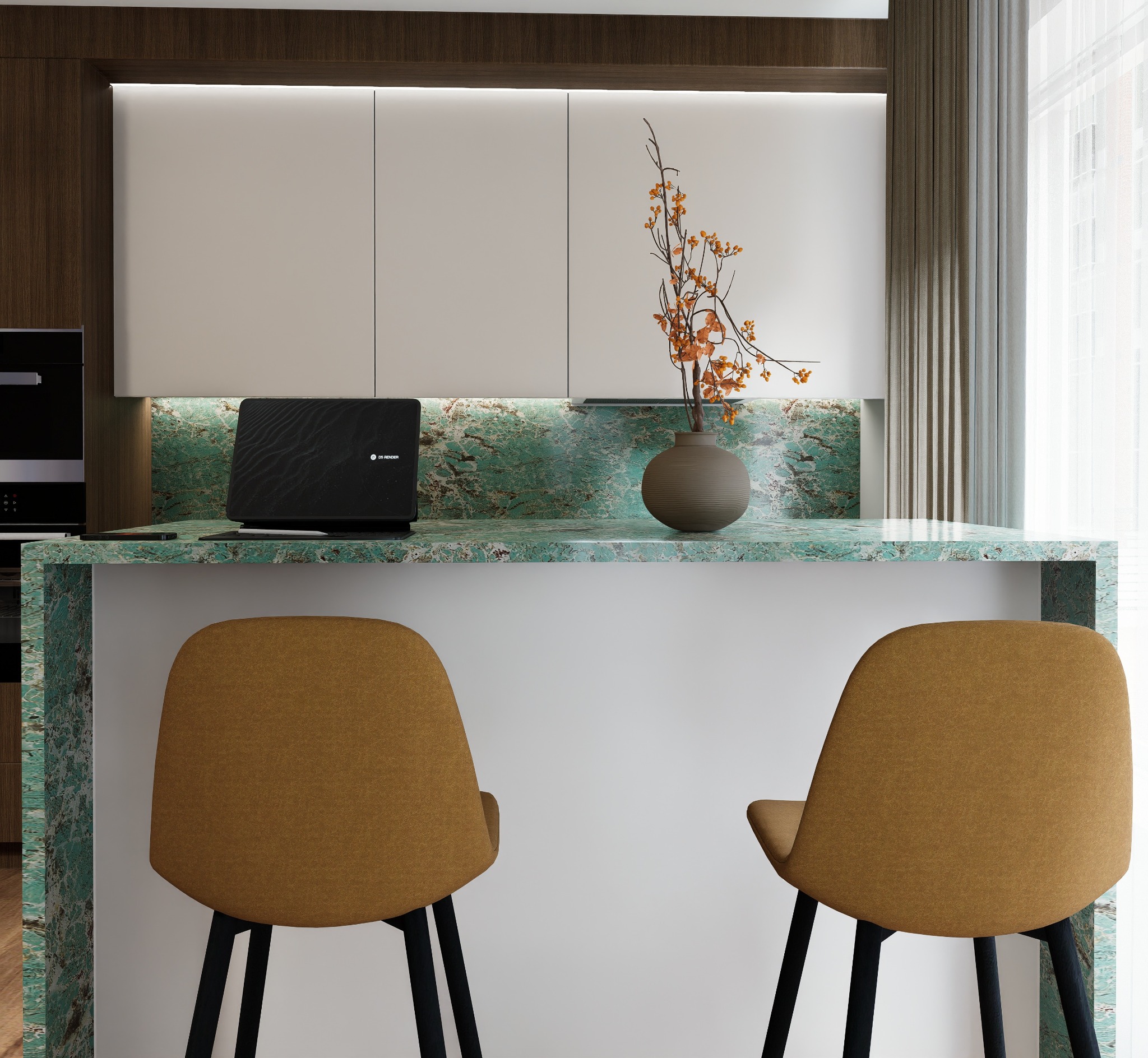 Nowoczesna kuchnia z blatem z zielonego marmuru, minimalistyczne krzesła barowe i laptop. Wazon z gałązkami dodaje ciepła. Stonowana kolorystyka i naturalne materiały.