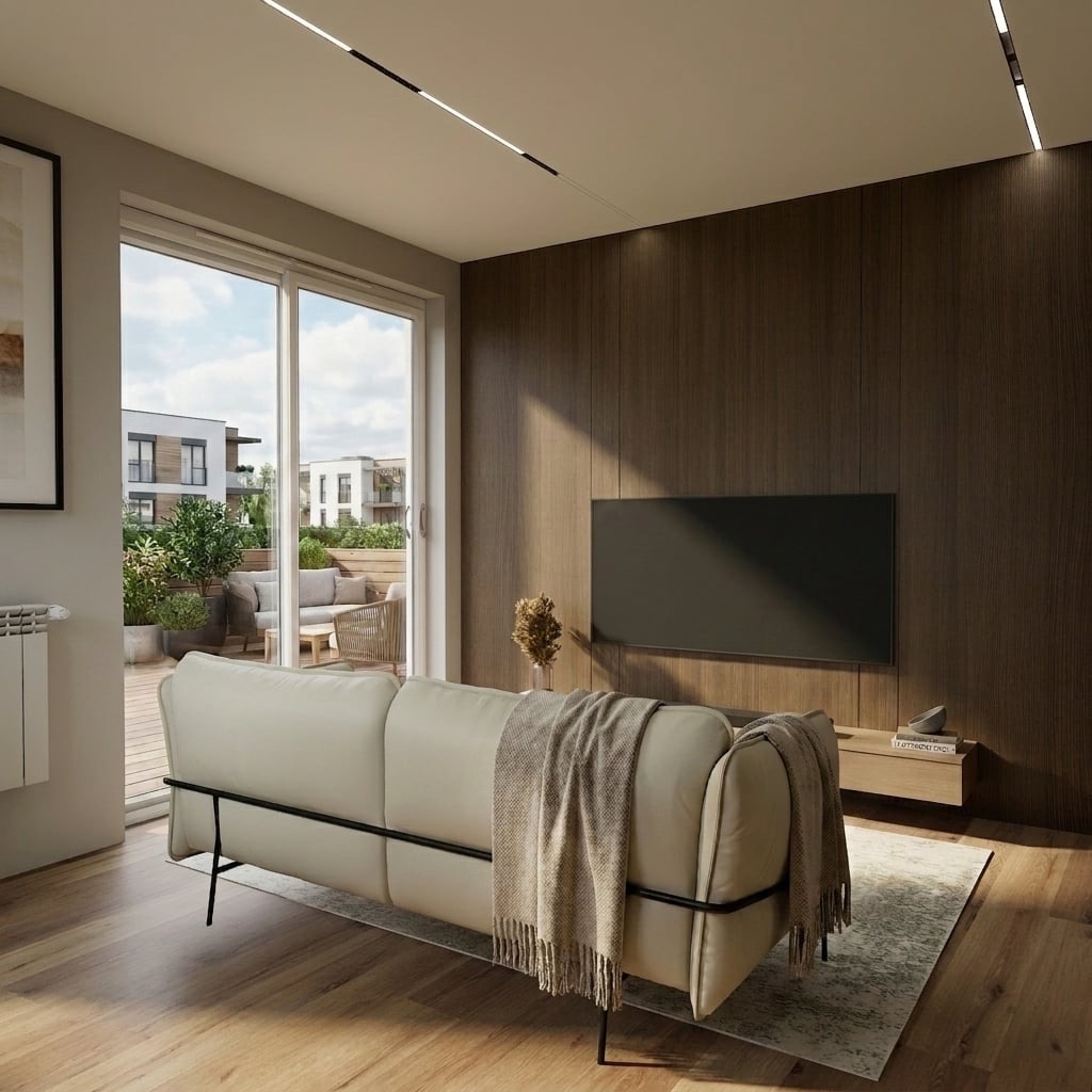 Nowoczesny salon z drewnianą ścianą, beżową sofą i wyjściem na taras. Minimalistyczne oświetlenie sufitowe i telewizor na ścianie. Stonowana kolorystyka i naturalne światło.