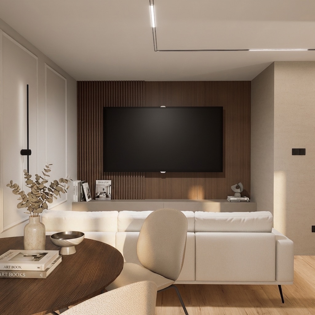 Nowoczesny salon z drewnianą ścianą TV, białą sofą i okrągłym stołem. Minimalistyczny design, ciepłe oświetlenie, eleganckie dodatki. Widok na część jadalnianą.