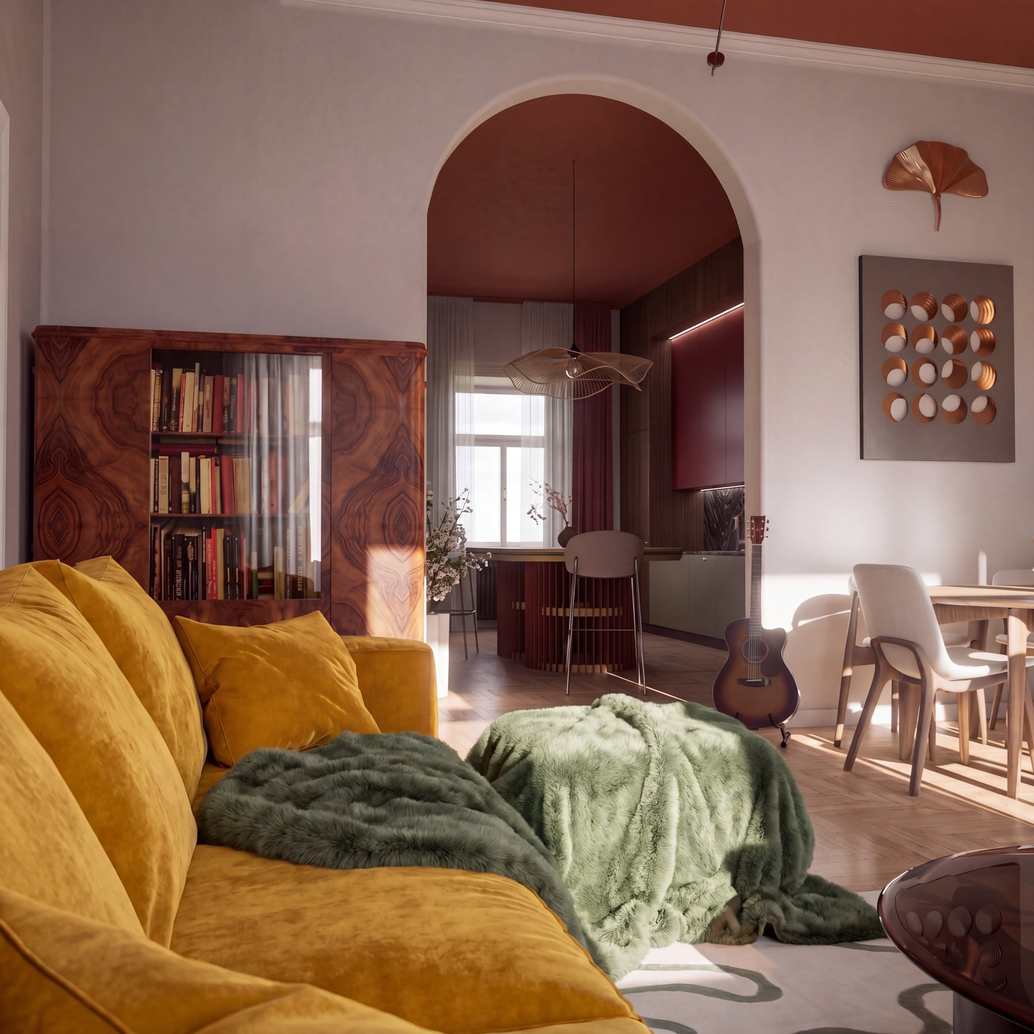 Salon w stylu retro z żółtą sofą, drewnianym regałem i otwartą kuchnią w odcieniach czerwieni. Widoczny łuk wejściowy i gitara akustyczna. Ciepłe oświetlenie.