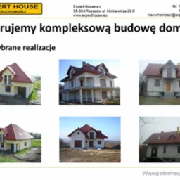 Kolaż sześciu zdjęć przedstawiających różne etapy budowy domów jednorodzinnych, od stanu surowego otwartego po wykończone budynki z elewacją, dachem z czerwonej dachówki i oknami.